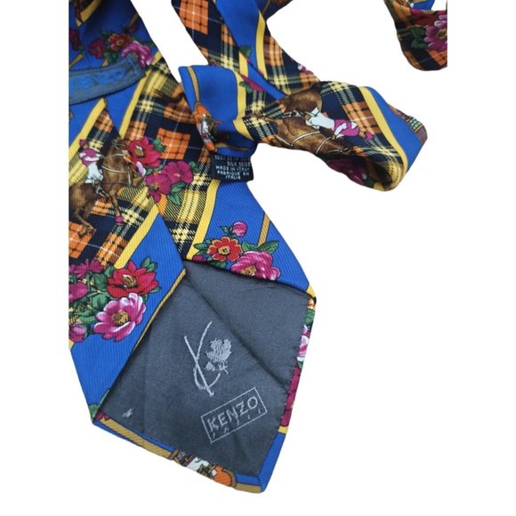 KENZO PARIS Blue Floral Equestrian Silk Tie ITALY 59"/ 4" EC - Picture 5 of 9